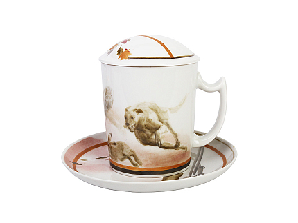 Бокал с блюдцем и с крышкой 380 мл форма Снежное Утро рисунок Осенняя охота арт. 81.23092.00.1