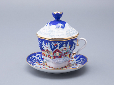 Чашка с блюдцем и с крышкой чайная форма Подарочная-2 рисунок Зимняя сказка 250 мл арт. 81.14563.00.1