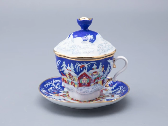 Чашка с блюдцем и с крышкой чайная форма Подарочная-2 рисунок Зимняя сказка 250 мл арт. 81.14563.00.1, 