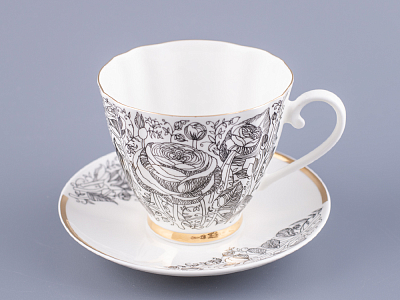 Чашка с блюдцем чайная 200 мл форма Гвоздика рисунок Лето Черное арт. 81.20072.00.1