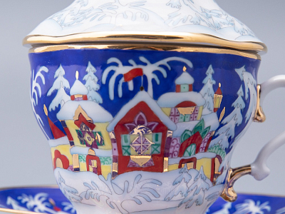 Чашка с блюдцем и с крышкой чайная форма Подарочная-2 рисунок Зимняя сказка 250 мл арт. 81.14563.00.1