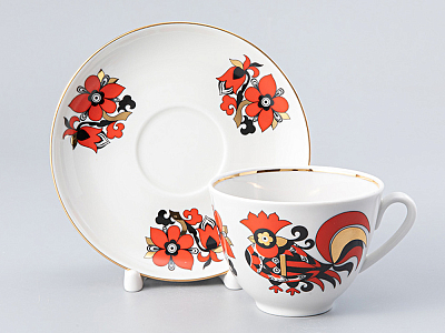 Чашка с блюдцем чайная Весенняя Красные петушки 250 мл арт. 81.15902.00.1