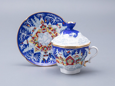 Чашка с блюдцем и с крышкой чайная форма Подарочная-2 рисунок Зимняя сказка 250 мл арт. 81.14563.00.1