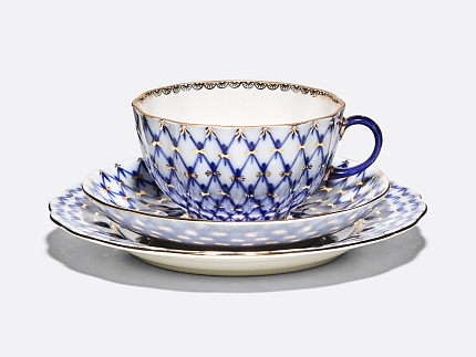 Трехпредметный комплект чайный форма Тюльпан рисунок Кобальтовая сетка арт. 81.10103.00.1
