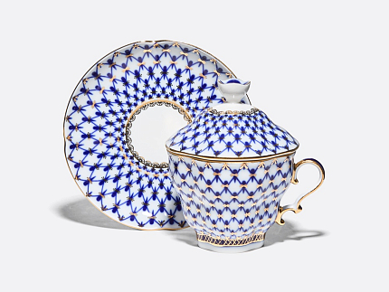 Чашка с блюдцем и с крышкой чайная 250 мл форма Подарочная-2 рисунок Кобальтовая сетка арт. 81.15419.00.1