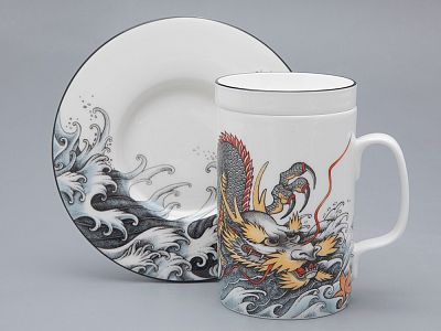Бокал с крышкой и блюдцем в подарочной упаковке, форма top. рисунок Tattoo Dragon (Татуировка Дракон) арт. 81.31627.00.1