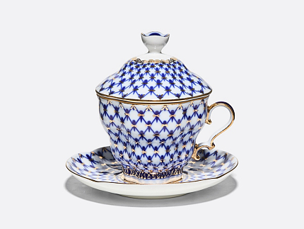 Чашка с блюдцем и с крышкой чайная 250 мл форма Подарочная-2 рисунок Кобальтовая сетка арт. 81.15419.00.1