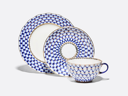 Трехпредметный комплект чайный форма Тюльпан рисунок Кобальтовая сетка арт. 81.10103.00.1