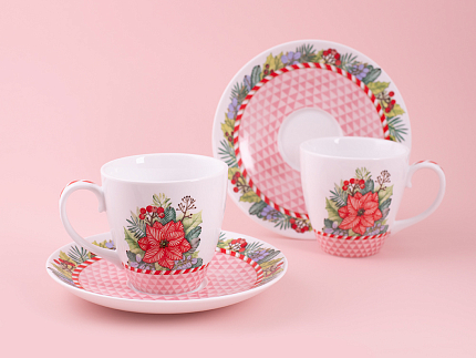 Набор бокалов с блюдцем 2шт форма Весна, рисунок Зимняя история (розовый) арт. 81.11374.00.1