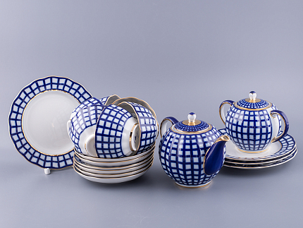 Сервиз чайный форма Тюльпан рисунок Кобальтовая клетка, 6 персон 20 предметов, арт. 81.15116.01.1
