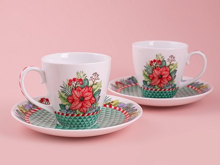 Набор бокалов с блюдцем 2шт форма Весна, рисунок Зимняя история (зеленый) арт. 81.11373.00.1