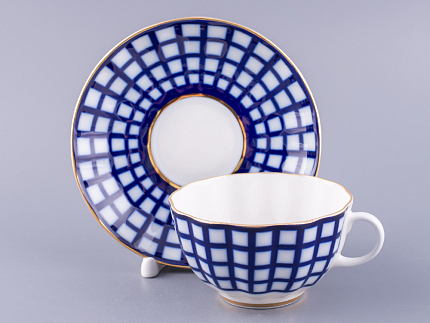 Чашка с блюдцем чайная 250 мл форма Тюльпан рисунок Кобальтовая клетка арт. 81.14860.00.1