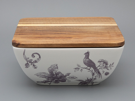 Салатник большого размера с деревянной крышкой форма Стандартная, рисунок Monplaisir Violet в упаковке арт 42.00063.00.1