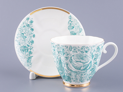 Чашка с блюдцем чайная 200 мл форма Гвоздика рисунок Лето Зеленое арт. 81.20071.00.1