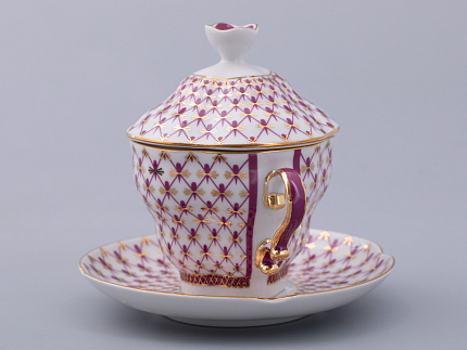 Чашка с блюдцем и крышкой форма Подарочная-2 рисунок Сетка-Блюз 2 арт. 81.26643.00.1