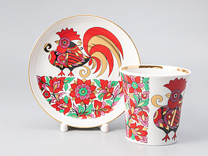 Бокал с блюдцем форма Ленинградский рисунок Красный петух 360 мл арт. 81.25772.00.1