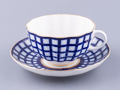 Чашка с блюдцем чайная 250 мл форма Тюльпан рисунок Кобальтовая клетка арт. 81.14860.00.1