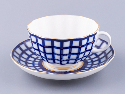 Чашка с блюдцем чайная 250 мл форма Тюльпан рисунок Кобальтовая клетка арт. 81.14860.00.1