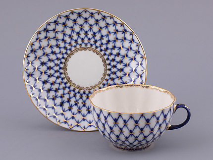 Чашка с блюдцем чайная форма Тюльпан рисунок Кобальтовая сетка, арт 81.10105.90.1