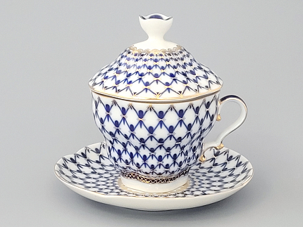 Чашка с блюдцем и с крышкой чайная 250 мл форма Подарочная-2 рисунок Кобальтовая сетка арт. 81.15419.00.1