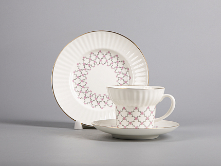 Трехпредметный комплект чайный форма Волна рисунок Розовая сетка 155 мл арт. 81.14622.00.1