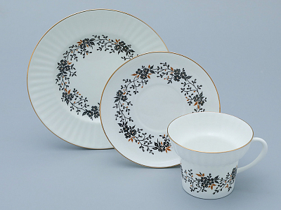 Трехпредметный комплект чайный форма Волна рисунок Тонкие веточки 155 мл арт. 81.14404.00.1