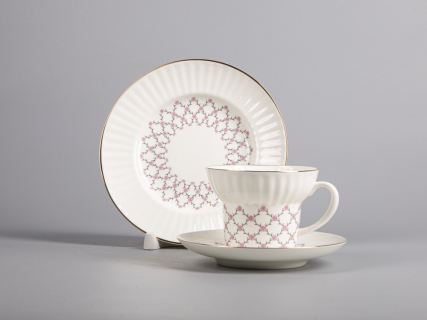 Трехпредметный комплект чайный форма Волна рисунок Розовая сетка 155 мл арт. 81.14622.00.1, 