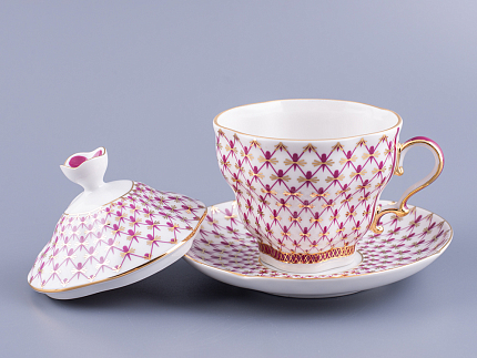 Чашка с блюдцем и крышкой форма Подарочная-2 рисунок Сетка-Блюз 2 арт. 81.26643.00.1