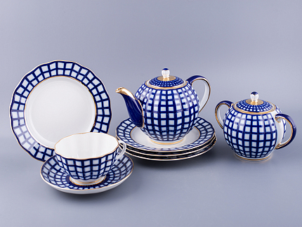 Сервиз чайный форма Тюльпан рисунок Кобальтовая клетка, 6 персон 20 предметов, арт. 81.15116.01.1