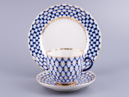 Трехпредметный комплект кофейный форма Тюльпан рисунок Кобальтовая сетка 140 мл арт. 81.10104.00.1, 